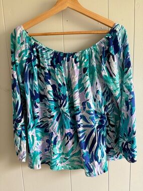 Women’s M Lilly Pulitzer Off-Shoulder Floral Tunic in Teal, Navy, and Lavender